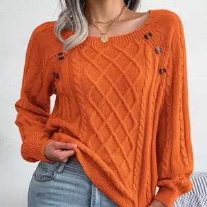 2025 Autumn/Winter Casual Square-Collar Twist-Front Knitted Sweater with Nail Buttons — Independent Station Amazon Cross-Border Women’s Clothing