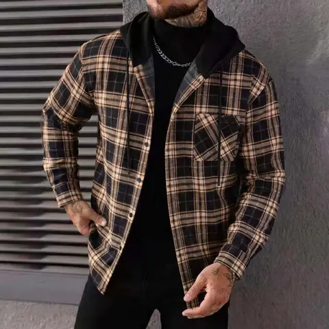 Men's Checked Lapel Button-Front Drawstring Hooded Long Sleeve Shirt - Regular Fit, Minimalist Casual Comfy Male Clothing Tops with Pockets, Polyester Outerwear for Spring, Fall Daily Wear