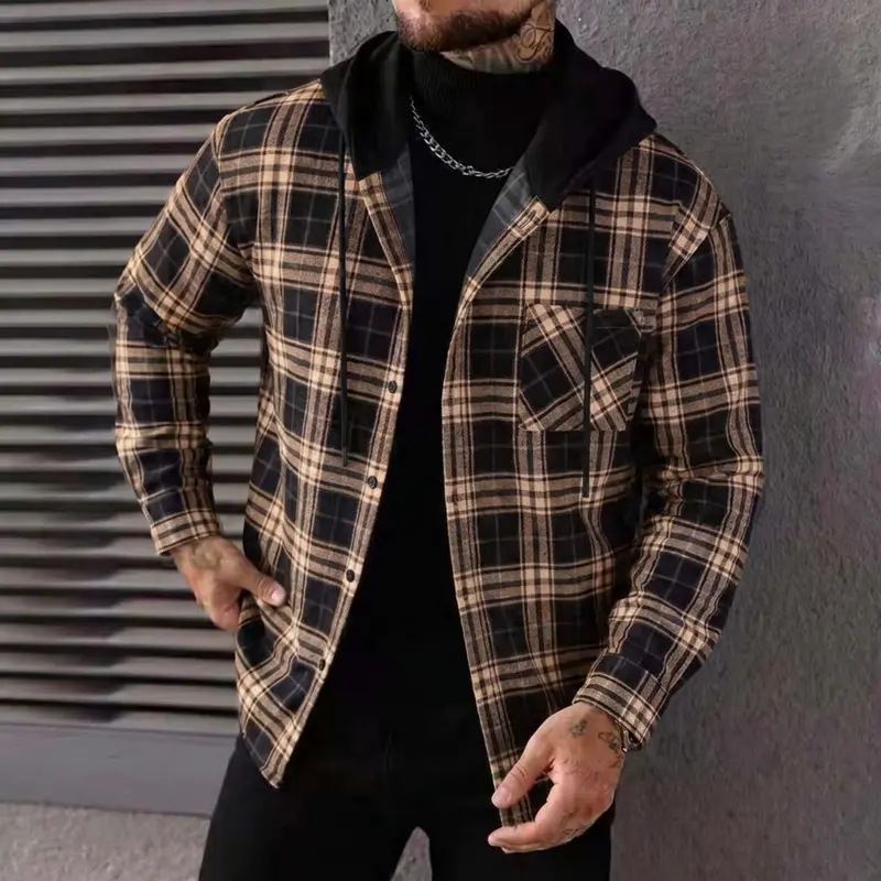 Men's Checked Lapel Button-Front Drawstring Hooded Long Sleeve Shirt - Regular Fit, Minimalist Casual Comfy Male Clothing Tops with Pockets, Polyester Outerwear for Spring, Fall Daily Wear
