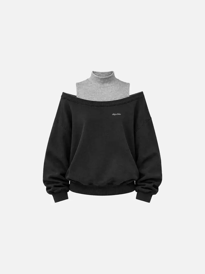 Aelfric Eden Fake Two-Piece Off-Shoulder Mock Neck Sweatshirt Cut Fake Two-Piece Design Balloon Sleeves Ribbed Cuffs & Hem Soft Fabric Minimalist Streetwear Women's Top