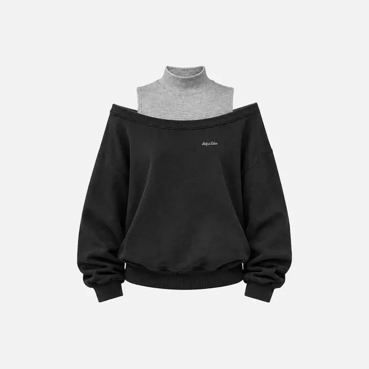 Aelfric Eden Fake Two-Piece Off-Shoulder Mock Neck Sweatshirt Cut Fake Two-Piece Design Balloon Sleeves Ribbed Cuffs & Hem Soft Fabric Minimalist Streetwear Women's Top