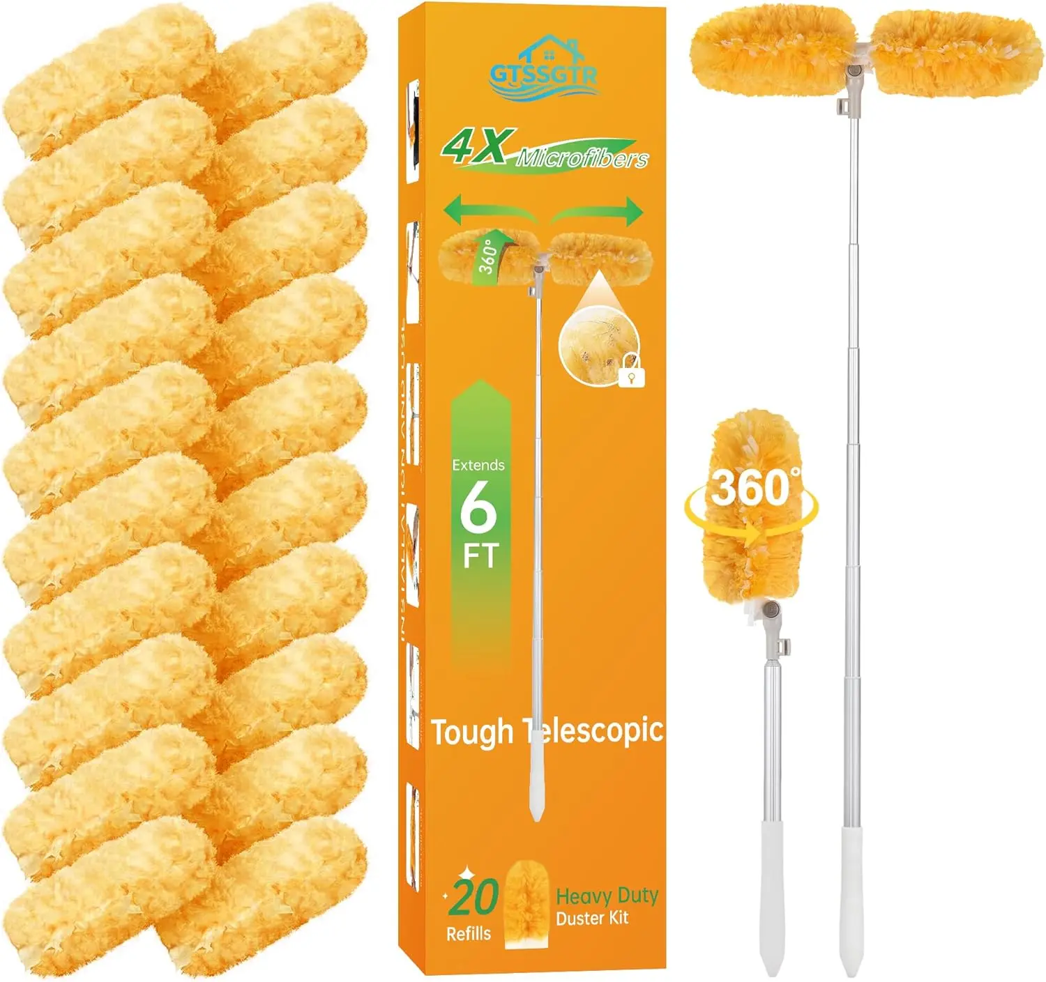 6FT Extendable Duster Handle Kit – 20PCS Heavy Duty Swiffer Compatible Duster Refills with 360° Head