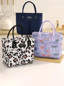 Leopard Print Lunch Bag, Butterfly Knot Design with Pockets, Portable Bento Box, Stylish and Practical Meal Container