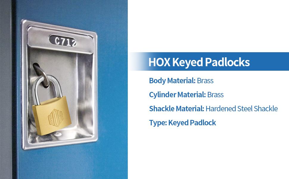 HOX Solid Brass Keyed Different Padlock with 1-9/16-Inch Wide Body, Brass Cylinder - for Hasp Latch, Sheds, Fences, Storage Locker