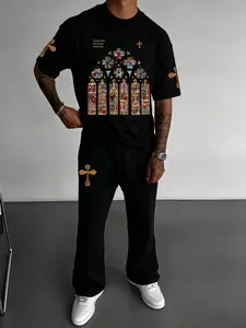 Church Window Cross Print Set, Short Sleeve & Vintage Bell Pants, Casual Streetwear, Comfortable Breathable, Men's & Women's Pajamas