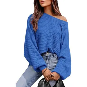 PrettyGarden Womens Boat Neck Sweater Ribbed Off Shoulder Knit Top Lantern Long Sleeve Soft Warm Fall Knitwear,Comfy Womenswear Stretchy