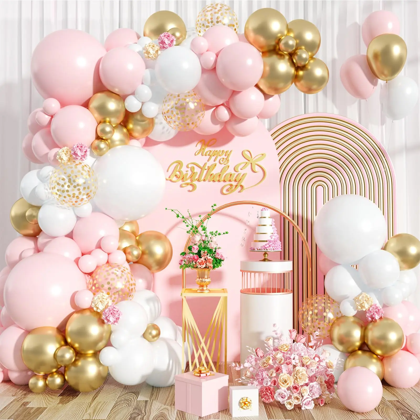 106 Pieces Elegant Matte White, Soft Pink, Metallic Gold Balloon Hinges & Confetti Balloon Set - Happy Birthday Party Decor for Girls’ Birthdays, Weddings, Bridal Showers, Baby Full-Moon Parties