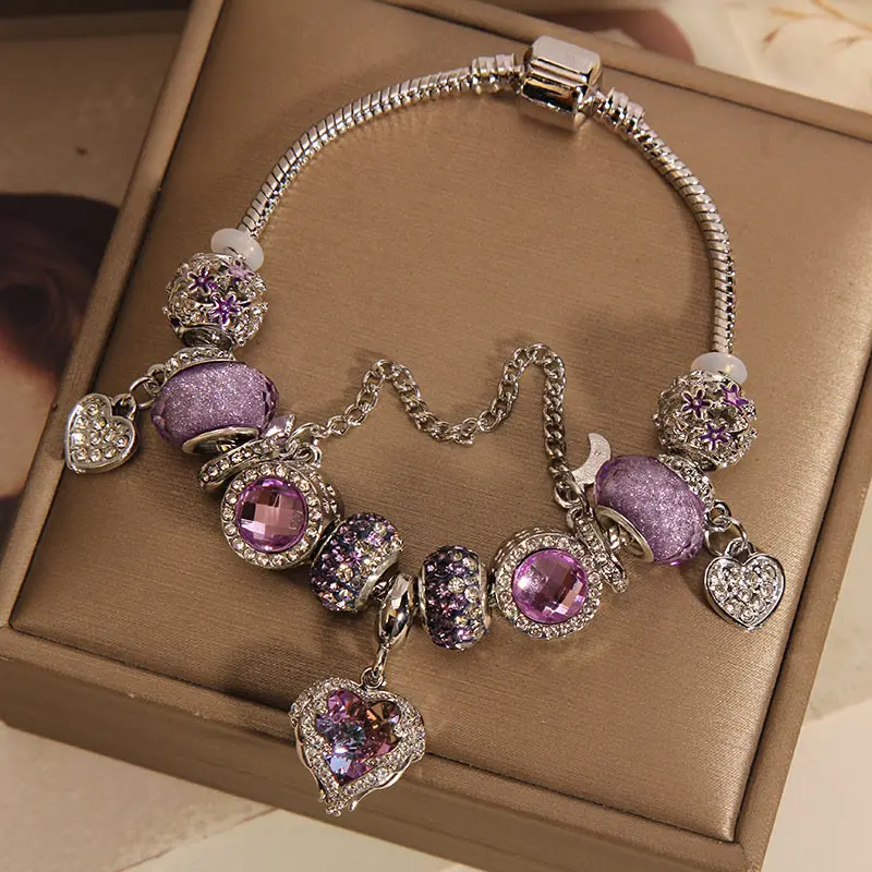 Y2K Purple Charm Bracelet for Women, Sparkly Silver Tone Beaded Bracelet with Crystal Heart Charms & Rhinestone Chain, Dreamy Aesthetic Jewelry Gift for Girlfriend Wife