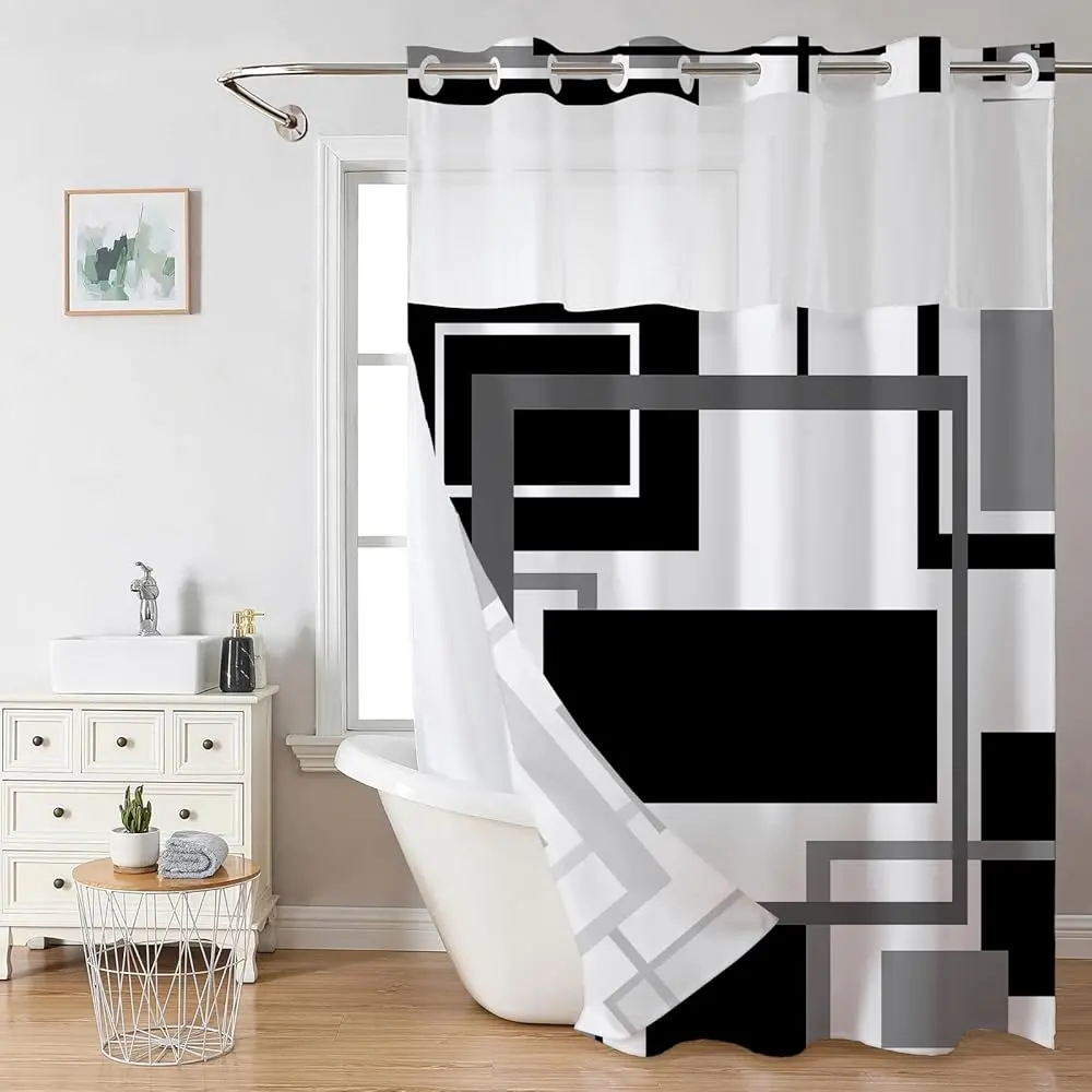 Classic Modern Coated Fabric Double-Lined Farmhouse Shower Curtain (1 Panel) - Hookless, Anti-Leak, Eyelet, Geometric, Waterproof, Stain-Resistant, Pre-Installed Removable, Easy-Clean Low-Maintenance Bathroom Decor for Apartments, Shower Curtains, Better,