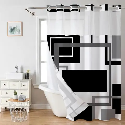 Hookless Fast-Install Grid System Shower Curtain (1 Panel) - Classic Modern Coated Fabric, Double-Lined Farmhouse Bath Decor, Anti-Leak, Eyelet, Geometric, Waterproof, Stain-Resistant, Pre-Installed Removable, Low-Maintenance for Dorms & Apartments, Grid