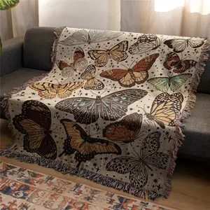 Small Butterfly Pattern Bohemian Yarn Jacquard Woven Blanket with Tassel, Thick Soft Washable Blanket, Boho Style Blanket, Used for Home Decor Sofa Chair Bed Tapestry Tablecloth Floor Garden Picnic Outdoor Camping