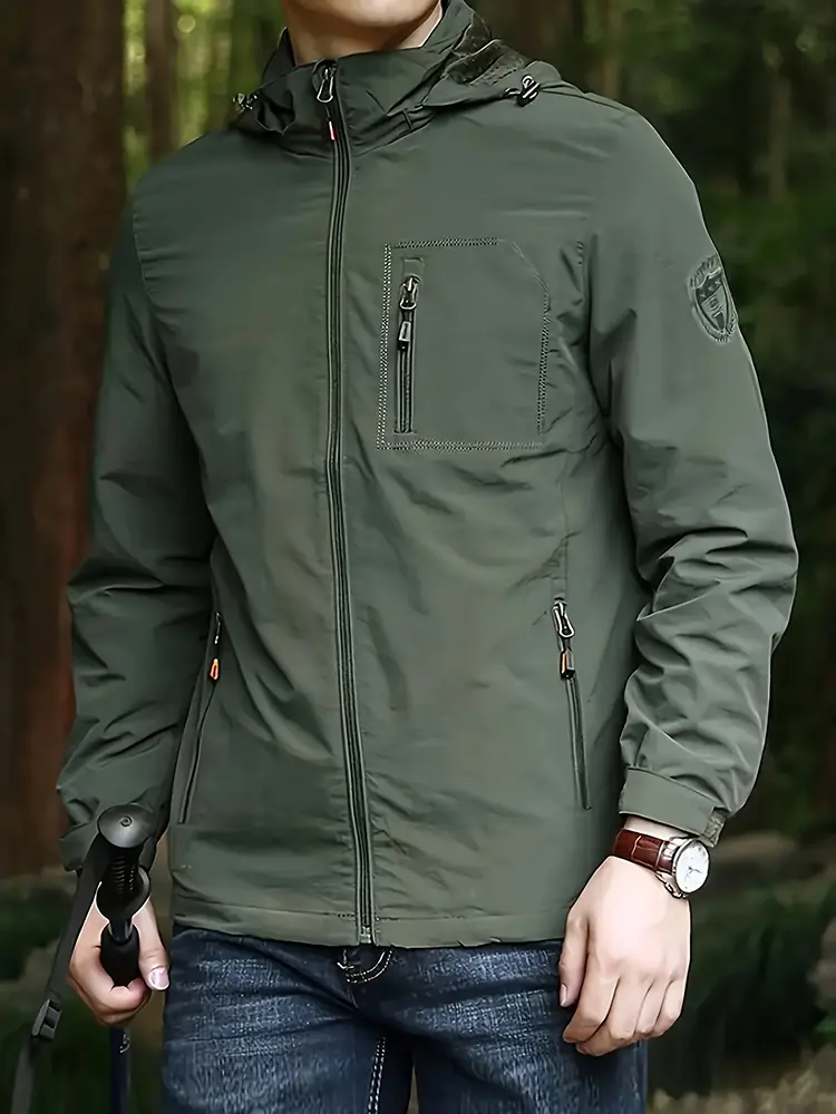 Men’s lightweight hooded jacket suitable for hiking, travel, and running/exploration; breathable casual outerwear, thin jacket.