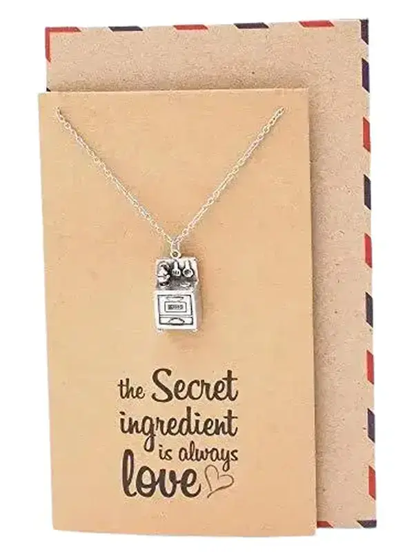 Quan Jewelry Kitchen Stove Pendant Necklace, Chef Necklace, Baking Cooking Culinary Gifts for Men and Women with Inspirational Greeting Card