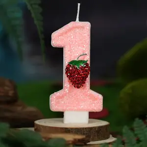Strawberry 0-9Candle for Birthday Pink Number Candle Berry One Glitter Cake Topper for Strawberry Birthday Candles Birthday Party Supplies Anniversary Decorations Berry Theme