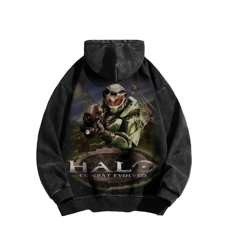 *Halo Reach* unisex washed cotton hoodie, RPG graphic sweatshirt-Long Sleeve Cotton Unisex Vintage Hoodie