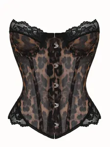 Y2K Leopard Print Lace Trim Corset Top Front Buckle Boned Waist Trainer Sheer Mesh Slimming Bustier For Women Club Party Date Night Outfit