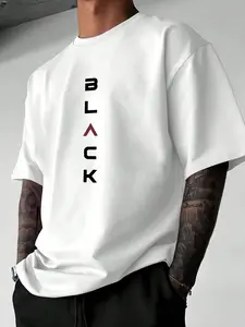 Men's Geometric Letter Print Short Sleeve Shirt, Breathable Skin-Friendly Fabric, Casual Street Style, Fitted Long Commuter Top