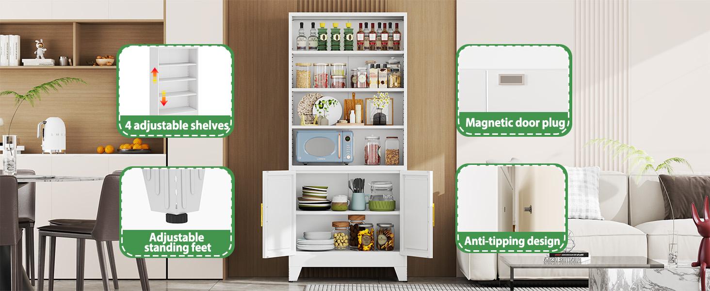 71" Tall White Metal Storage Cabinet – 4 Adjustable Shelves + Doors – Bookcase for Study, Office, Bedroom