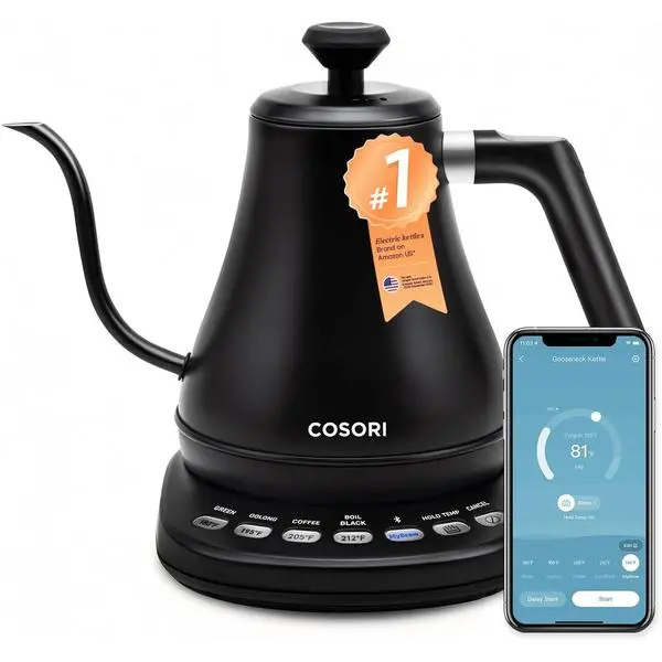Cosori Smart Gooseneck Electric Kettle, App & Temperature Control, 0.8L | No Plastic Contact with Water, App Control, 4 Presets & Custom Temp (104–212°F), 60-Min Keep Warm, Pour Over Coffee & Tea