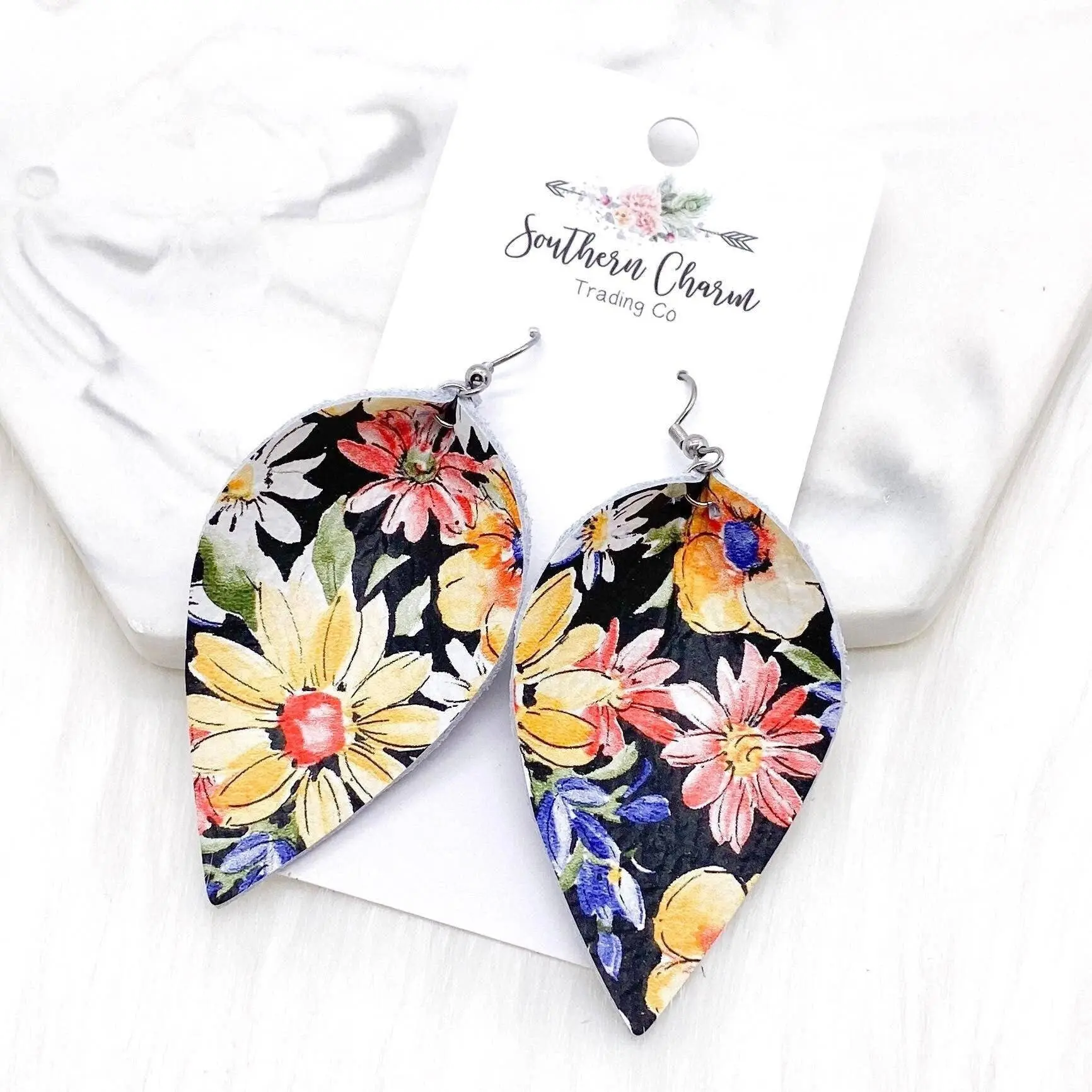 Black Leather Floral Petal Earrings