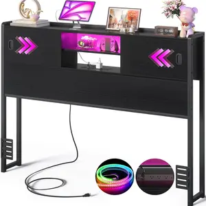 Headboard for Full Size Bed with Storage, Sturdy Bookcase Headboards with Outlet, USB & LED Light, Full Size Headboard Only,  Board with Sliding Doors & Bed Adapter for Bedroom, Black