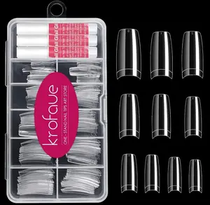krofaue 100PCS Clear False Nails Tips and Nail Gule Kit, Half Cover Lady French Style Acrylic Artificial Tips 3Pcs Nail Glue for Nail Extension kit Nail Tips Art Salons and Home DIY