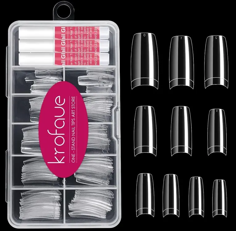 krofaue 100PCS Clear False Nails Tips and Nail Gule Kit, Half Cover Lady French Style Acrylic Artificial Tips 3Pcs Nail Glue for Nail Extension kit Nail Tips Art Salons and Home DIY
