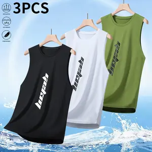 3-Pack Men's Casual Summer Quick Dry Sleeveless Tank Tops with Letter Print, Lightweight Breathable Comfy Mesh Workout Vests for Daily Wear, Running, Gym, Training and All Outdoor Activities