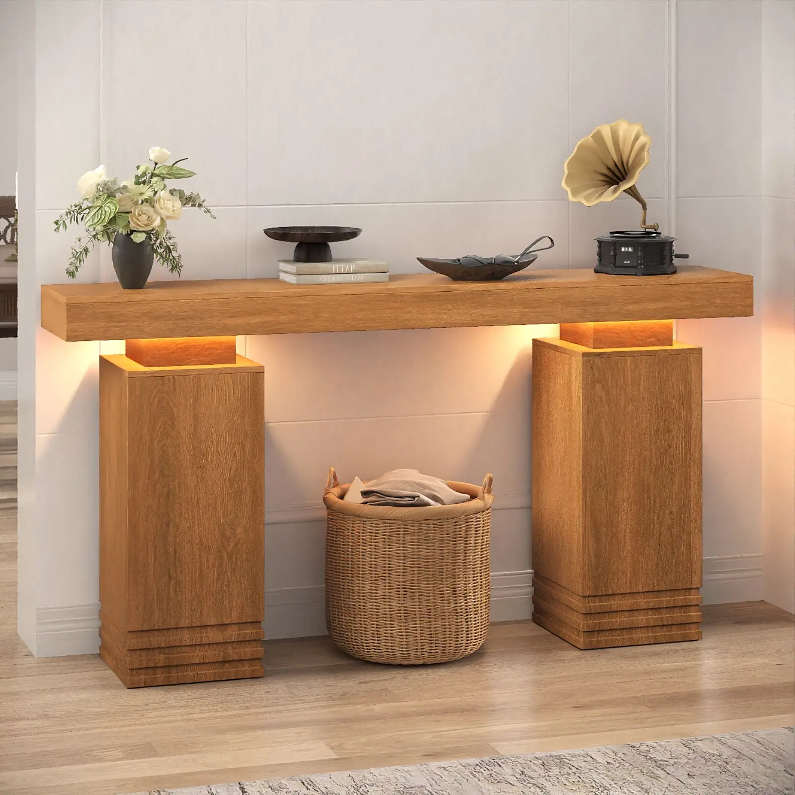 [SummerSale] Sikaic 63 Inches Long Console Table with LED Lights, Sofa Table Behind Couch, Wooden Entry Table Foyer Hallway Table, Mid-Century Modern Foyer Table for Entryway, Hallway, Living Room, Walnut Brown, Home Furniture, Dorm Essentials