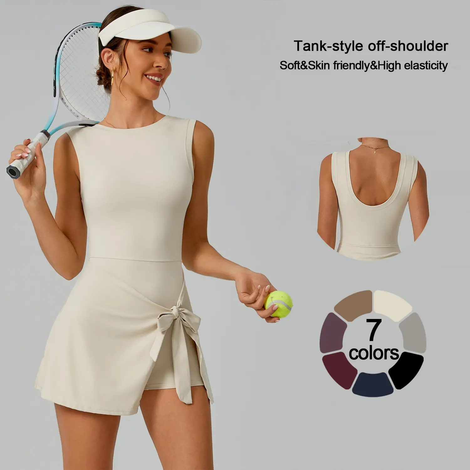 TimeOFF Women's Tank Off-Shoulder U-Back Dress , Side-Tie, Built-In Shorts , Soft, Stretchy , Skin-Friendly , Tennis Yoga Gym , FitGirlOOTD , GymInspo