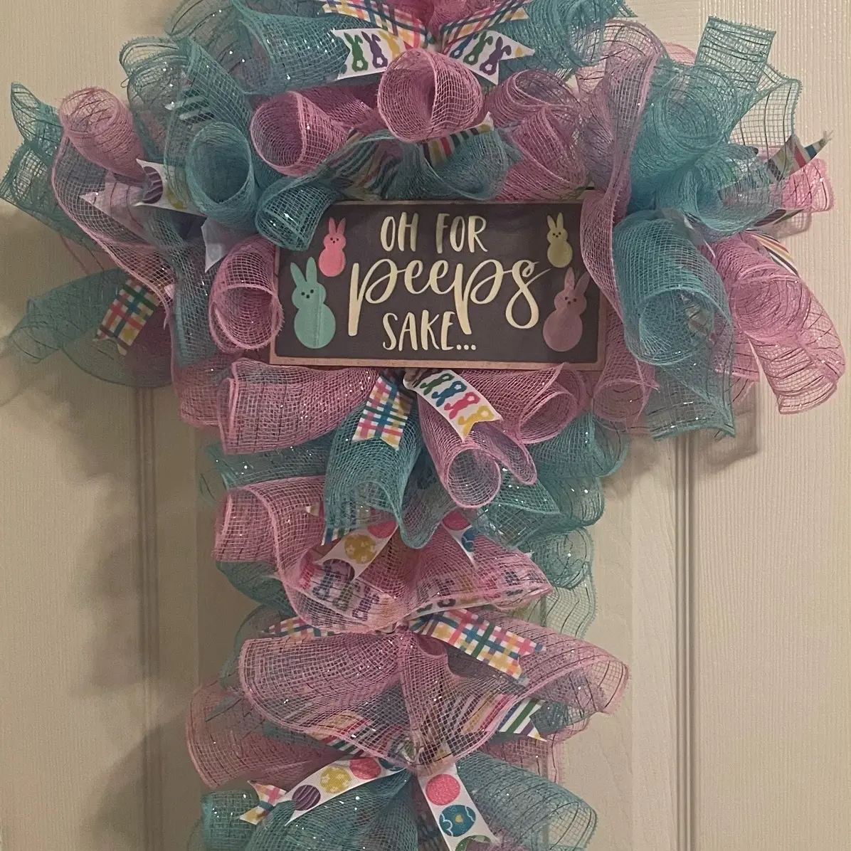 Oh Peeps Cross Door Wreath for Easter Decor Colorful Mesh Decoration Lightweight