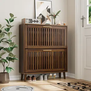 Shoe Cabinet for Entryway, Slim Wooden Shoe Storage Cabinet with 2 Flip Louvered Drawers, Freestanding Shoe Rack Organizer Cabinet for Hallway, Living Room, Walnut (31.5''W)