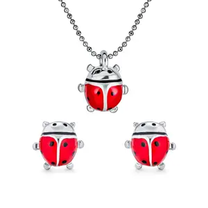 Small Red Enamel Ladybug Pendant Necklace Stud Earrings Set