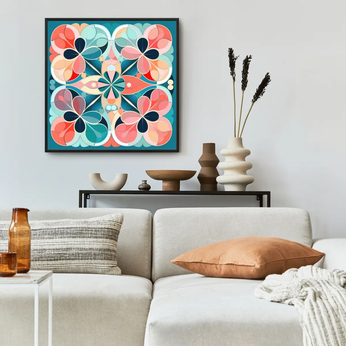 Pictorem C1FC2424AOZAXO 24x24 in. Artistic Colorful Mandala Coral Framed Canvas Wall Art - Home Decor, Decoration Supplies