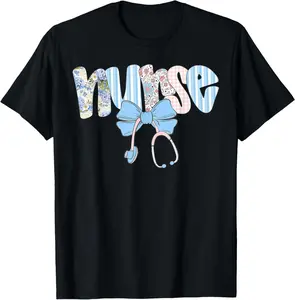 100% cotton Preppy Nurse Floral Coquette Blue Stethoscope Bow Nurse Life T-Shirt
