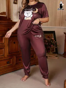 Plus Size Casual Women's Homewear Loungewear Set, Cute Cartoon Bear Moon Print Short Sleeve T-Shirt & Pants Pajama Sleepwear 2 Piece
