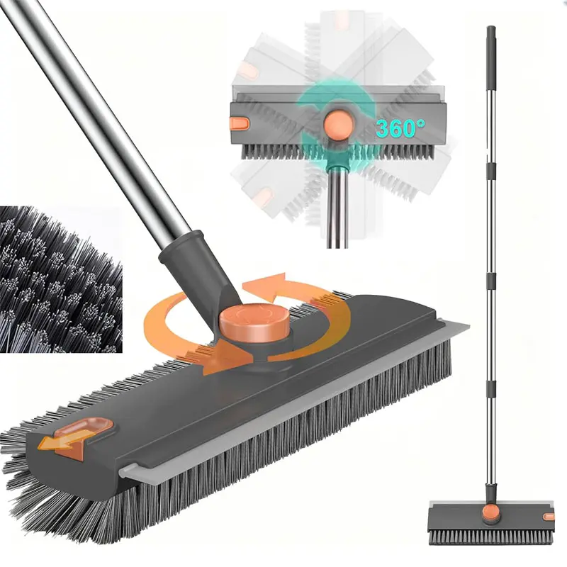 Long-Handled Adjustable Floor Brush, 3-In-1 Heavy-Duty Stiff Bristle 360° Floor Cleaning Brush With Squeegee, Home Floor Brush, Suitable For Cleaning Bathrooms, Garages, Kitchens, Tiles, And Windows.