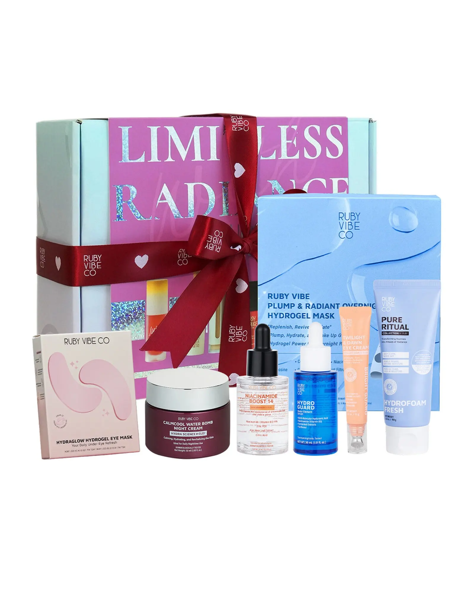 [RUBY VIBE CO] Glass Skin Starts Here 8-Step Glow Skincare Gift Set, Niacinamide Serum, Hydrogel Masks & Hydrating Cream