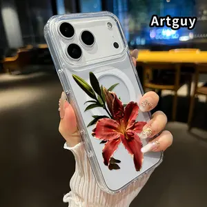 Compatible With iPhone 17 16  Pro Max Plus 15 14 13 12 11 Air E Phone CaseVivid Lily Bloom Pattern Shockproof Non-Yellowing Crystal Transparent Acrylic Large Hole Soft Case Supports Wireless Charging