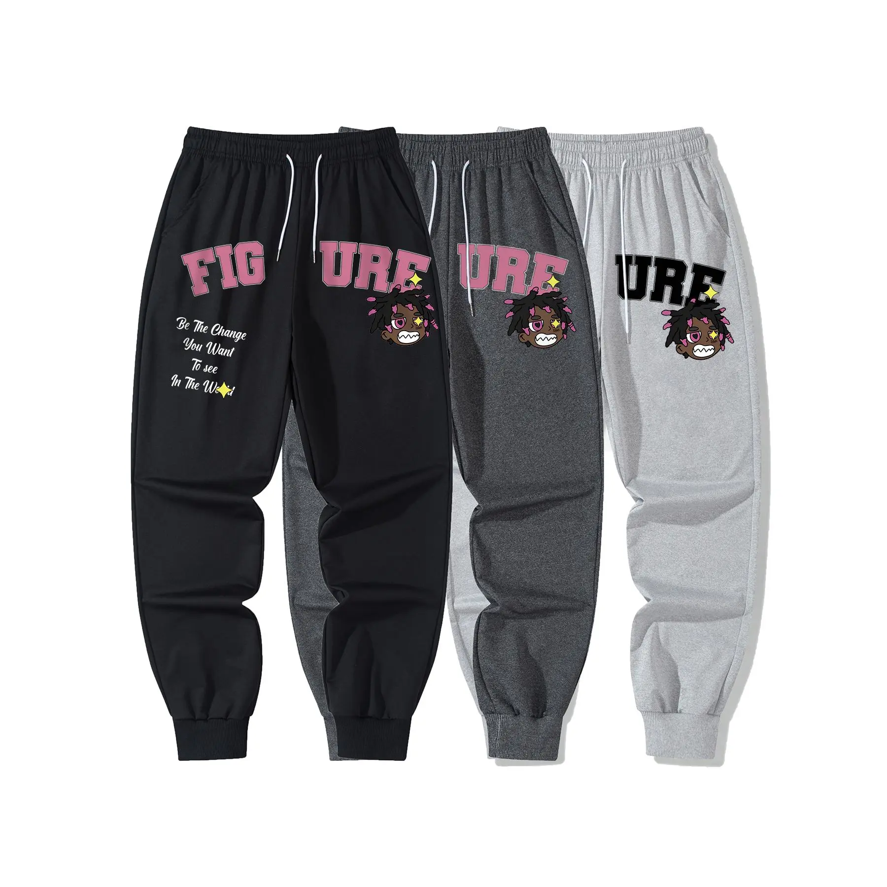 Men's Relaxed Fit Ribbed Hem Joggers - Casual Comfy, Streetwear, Stylish Soft Joggers with Distinctive FIGURE Doodle Print and Inspirational Slogan "Be The Change You Want To See In The World" for Thoughtful Wardrobe Addition, Casual Comfy Joggers