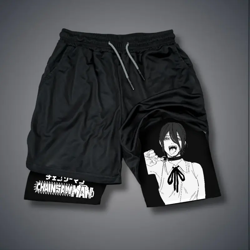 Chainsaw Man 80s 90s Double-Layer Sports Shorts Graphic Shorts Black Camo Streetwear Shorts Men Outfits Men Vacation Outfits Shorts