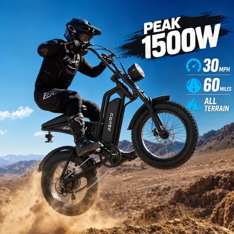 【ASKMY】1500W Peak Power Fat Tire Electric Bike, 30MPH Max Speed, 48V 15.6Ah Removable Battery, 60 Miles Long Range, 20"×4.0" E‑Bike for Snow, Grass, Mountain Trails & Urban City Commuting for Adults & Teens