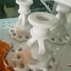 milk glass candle sticks lattice design