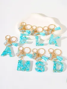 New Blue Butterfly Letter Keychain, Resin Alphabet Shape Keyring with Tassel Bag Decoration, Women's Gift, Casual Style