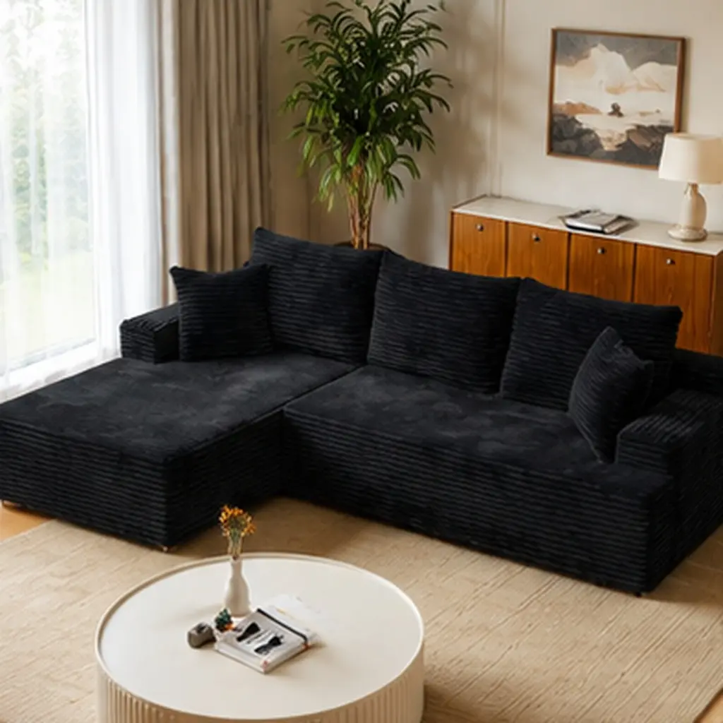 96" Frameless Boneless Soft Cloud Sectional Couch L-Shaped Chaise Sofa for Living Room, Corduroy 3-Seat Cushion Back Sofa with Foam Filling, Black Left Corner, No Assembly Required, Heavy Duty, Black Color Options, Corduroy Material
