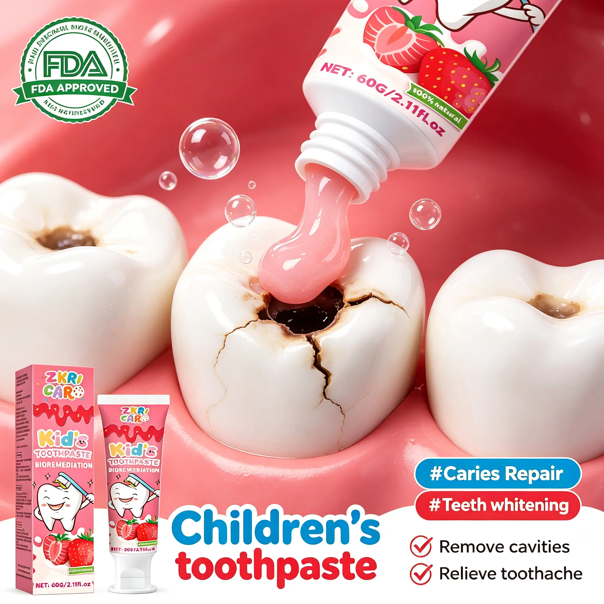 ZKRICARO Kids Mothproofing Toothpaste, Bioremediation Caries Repair for Children, Relieve Gum Sensitivity, Remove Tooth Stains, Fresh Breath Bad Breath Cure, Natural Strawberry Flavor Toddler Fluoride Toothpaste Radiant Whitening Gentle Oral Foam Foaming