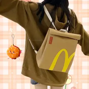 2 Pcs Classic Retro McDonald's Backpack And Pendant Set, Vintage Large Capacity Canvas Backpack Set With Adjustable Straps, Foldable Casual Backpack For Women, 1pcs Bag and 1pcs French Fries keychain
