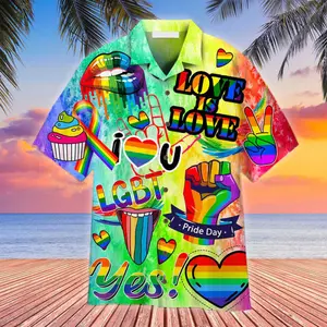 LGBT Aloha Hawaiian Shirts For Summer, Love Is Love LGBT Month Rainbow Colorful LGBT Aloha Hawaiian Shirts, Trendy Hawaiian Shirt for Men and Women, All over Print Hawaiian Perfect for Beach, Vacation, or Casual Summer Outfit