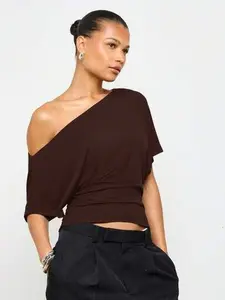 AiiRZ Off Shoulder Fitted Waist T Shirt Batwing Sleeve Asymmetrical Neckline Casual Blouse Modern Contemporary Fashion Statement Design