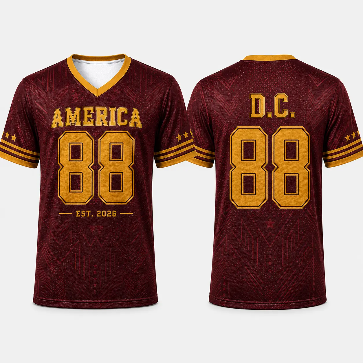 Unisex Washington D.C. 88 V-Neck Football Jersey - Short Sleeve Tops for Game Day, Lightweight Breathable Fabric Burgundy Gold Athletic Fan Apparel for Tailgate, Casual Outfits, Game Days